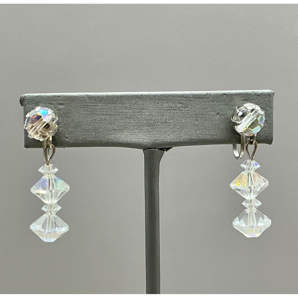 Dangle Earrings Women Clear Aurora Borealis Crystal Vintage Screw Back Jewelry